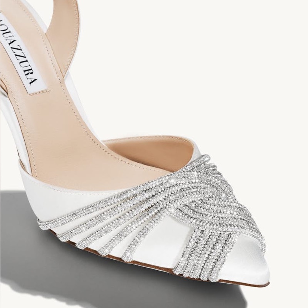 Worn once AQUAZZURA Gatsby 75 crystal-embellished satin slingback pumps - Picture 5 of 16